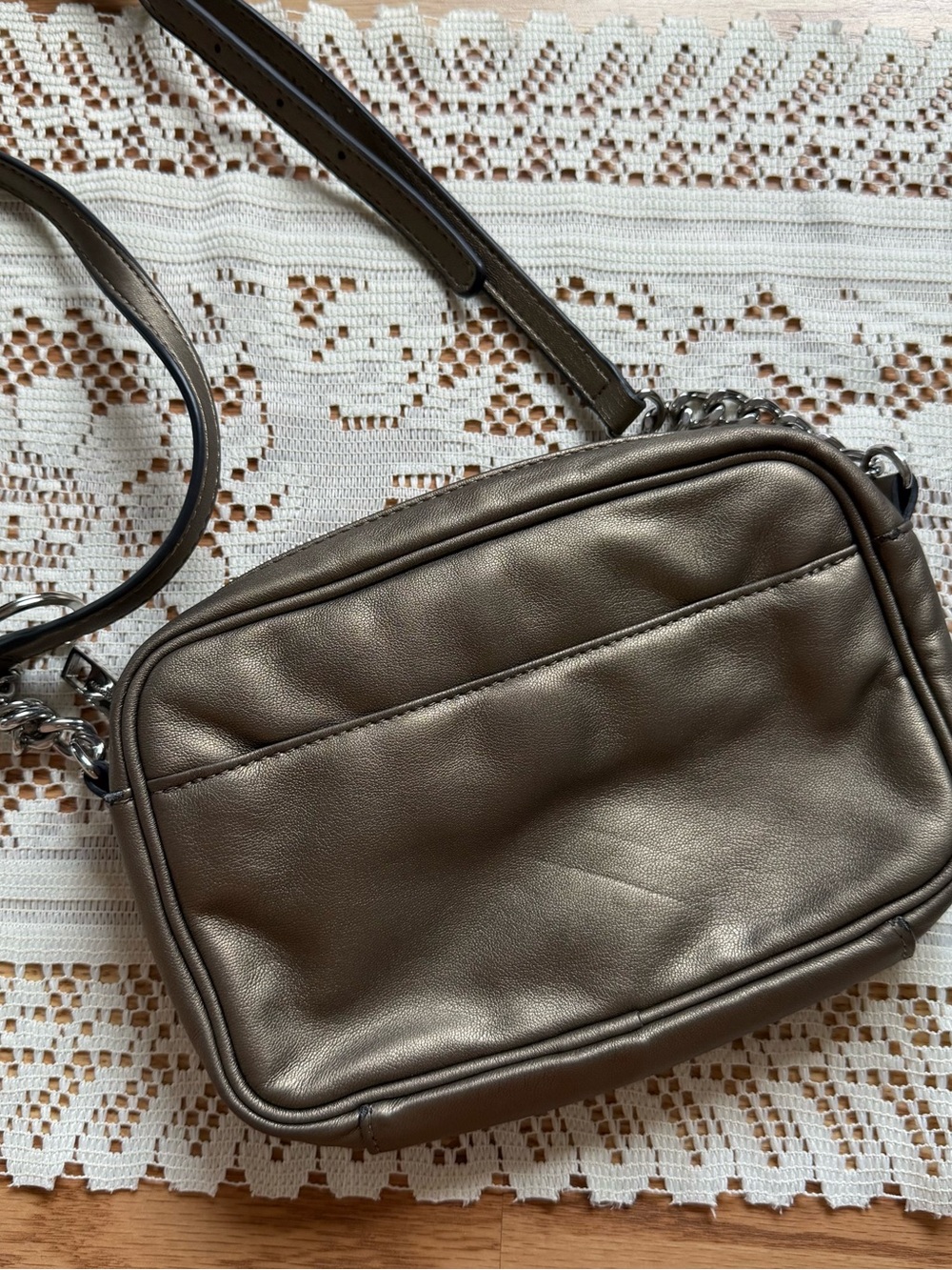 Karl Lagerfeld Metallic Taupe Bow Crossbody with Chain Strap - Picture 2 of 4